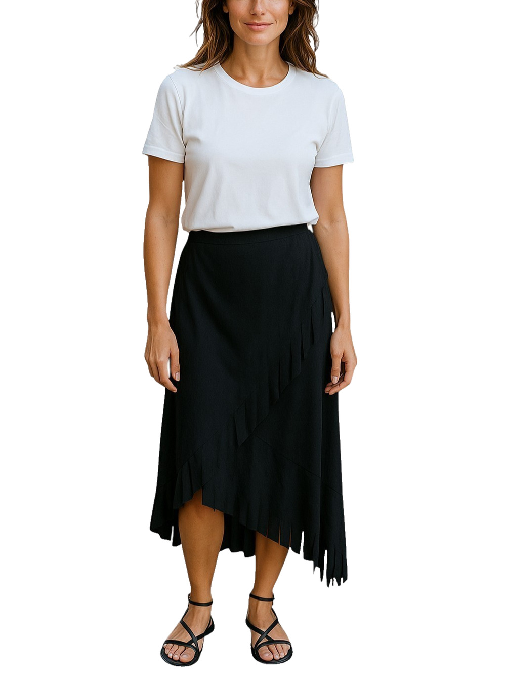 CACHE Vintage Black Fringed Assymetric Wrap A-Line Midi Skirt 8 Boho Goth Y2K